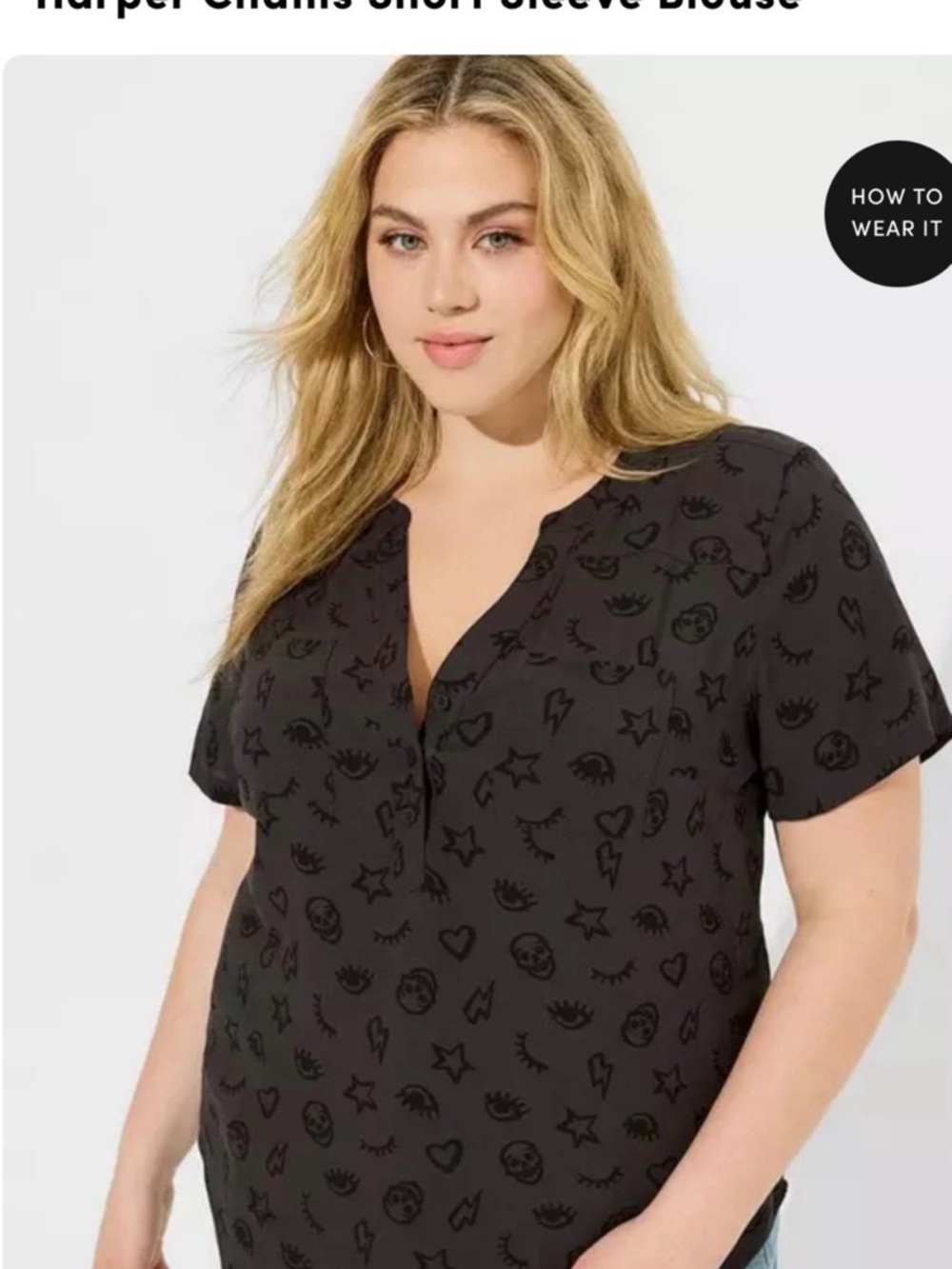 torrid Black Short Sleeve Blouse with Subtle Icon Print